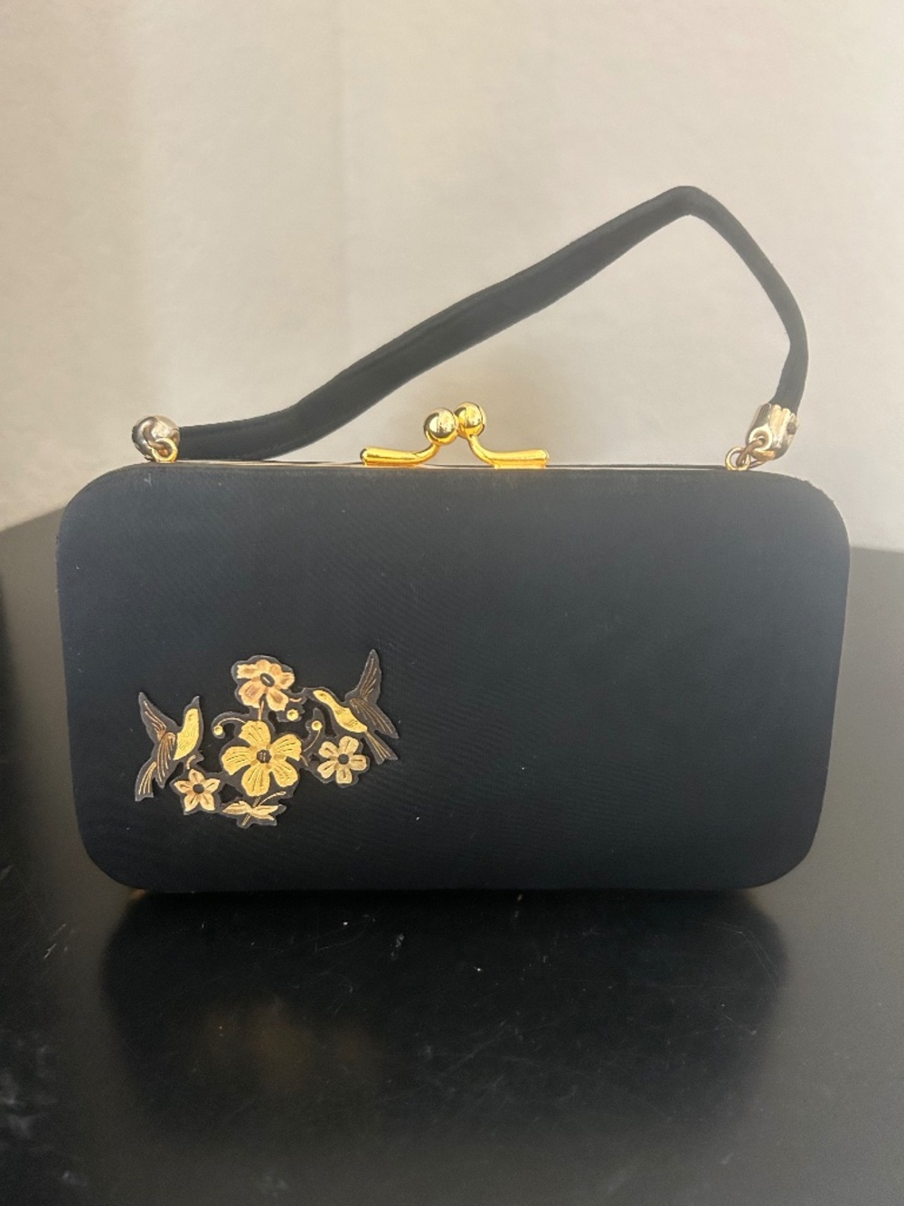 Black Evening Purse With Gold Metal Bird Floral Kiss Lock. Vintage.